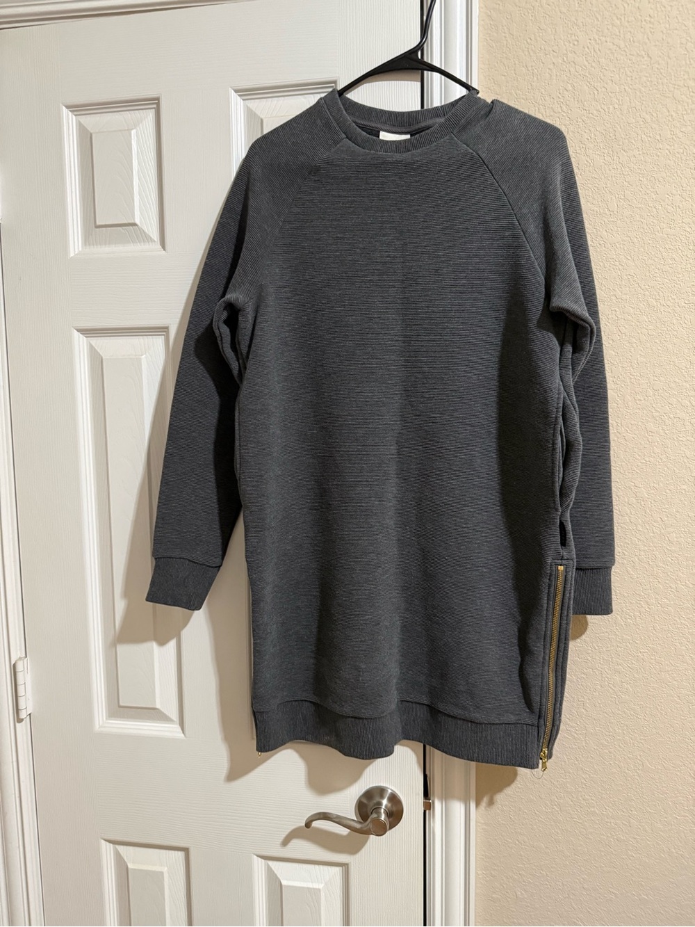 Charcoal Grey Ribbed Sweatshirt Dress with Gold Side Zip